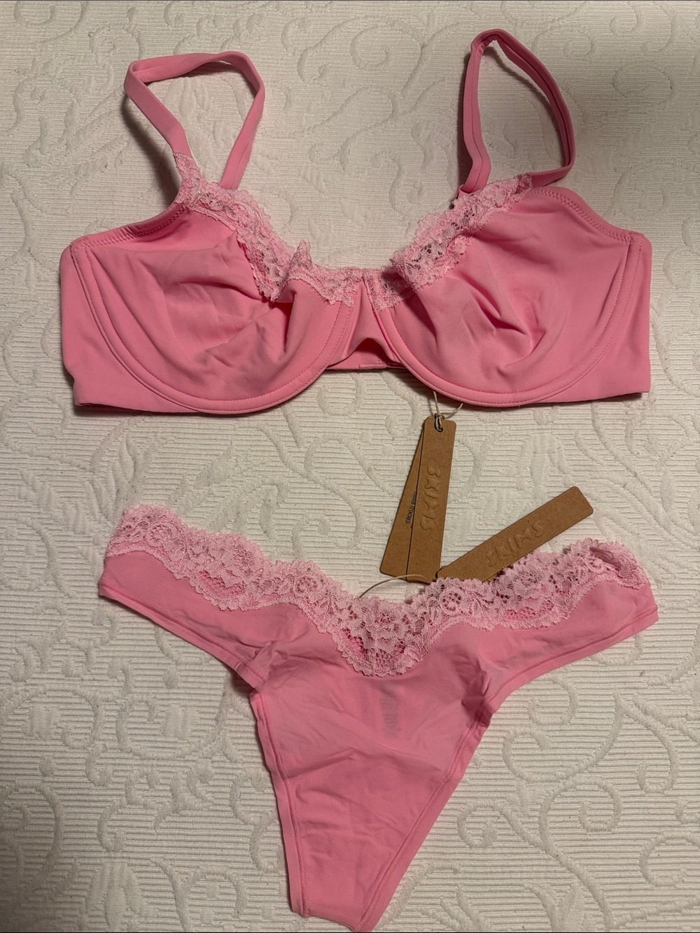 SKIMS fit everybody lace unlined Demi bra and lace dipped thong. NWT 36D and Med